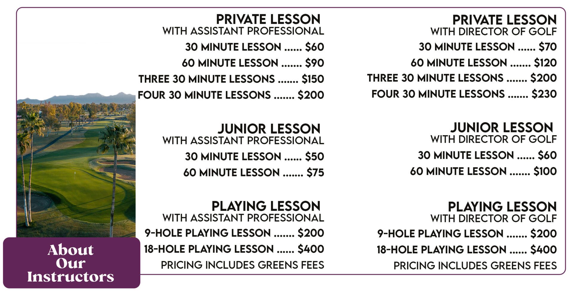A table with different types of lessons for each.